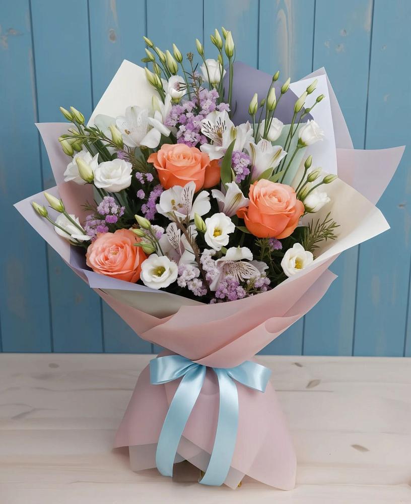 Букет цветов из: Лизиантусы, Розы, Альстромерии и Гипсофила в Андревское